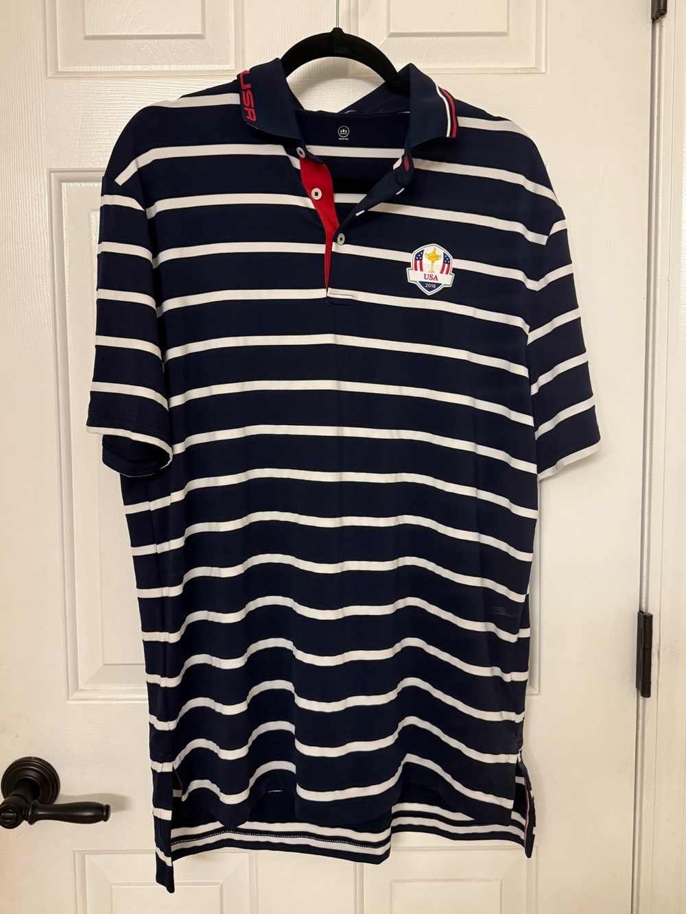 RLX Ralph Lauren 2018 Ryder Cup Men's Navy White Striped Polo w Red Trim